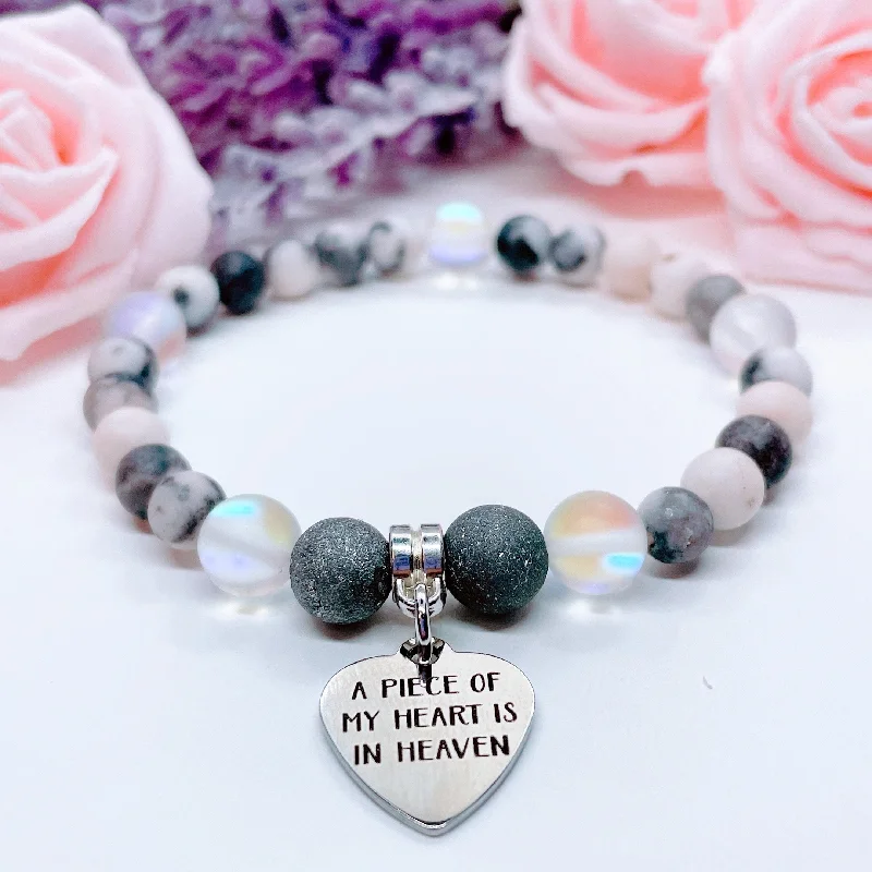 custom bracelet with coordinates for memorable travel experience-A Piece of my Heart is in Heaven Companion Charm Bracelet Druzy