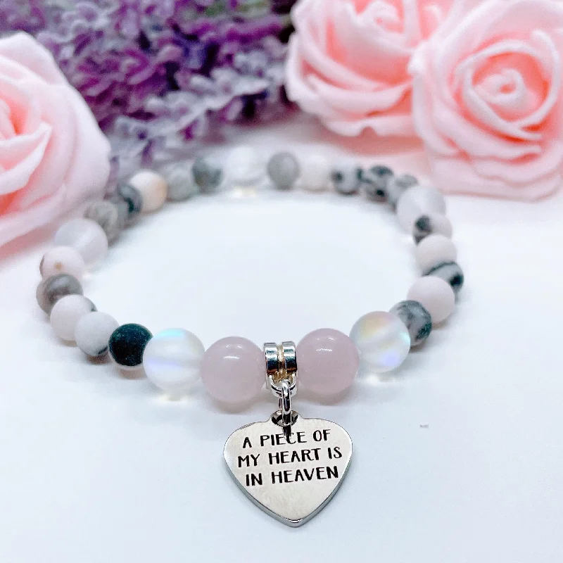 personalized silver bracelet for family gift with birthstones-A Piece of my Heart is in Heaven Companion Charm Bracelet Rose Quartz