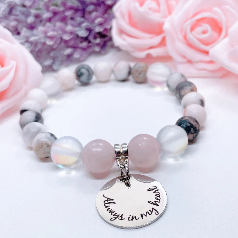 personalized silver bracelet with custom message for love gift-Always In My Heart Classic Charm Bracelet Rose Quartz