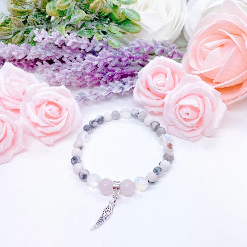 silver bracelet with charm for prosperity and wealth-Angel Wing Companion Charm Bracelet Rose Quartz