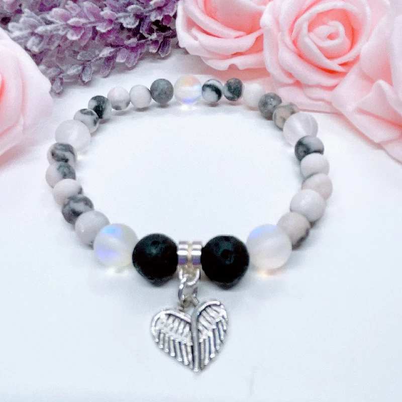 luxury silver bracelet with personalized engraving for wedding gift-Angel Wings Heart Companion Charm Bracelet Lava