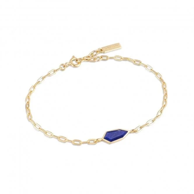 custom silver bracelet for him with engraved initials-Gold Lapis Emblem Chain Bracelet B042-01G-L