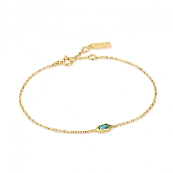 silver bracelet with charm for protection and positivity-Gold Teal Sparkle Emblem Chain Bracelet B041-02G-G