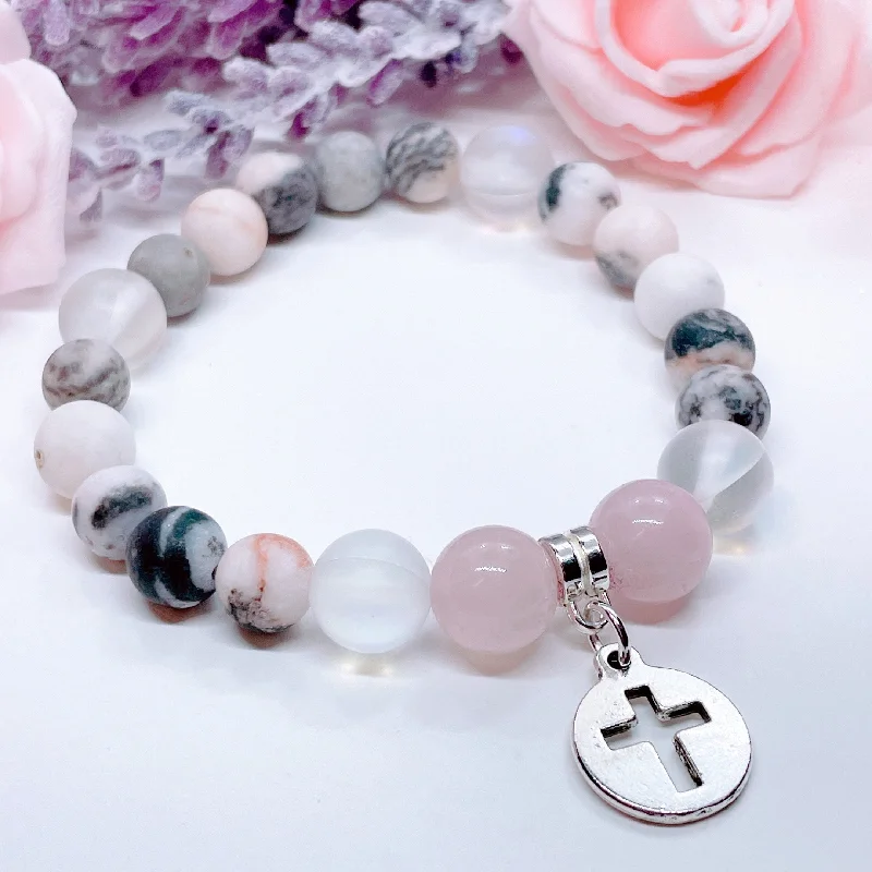 silver bracelet with charm for spiritual well-being-Silver Hollow Cross Classic Charm Bracelet Rose Quartz