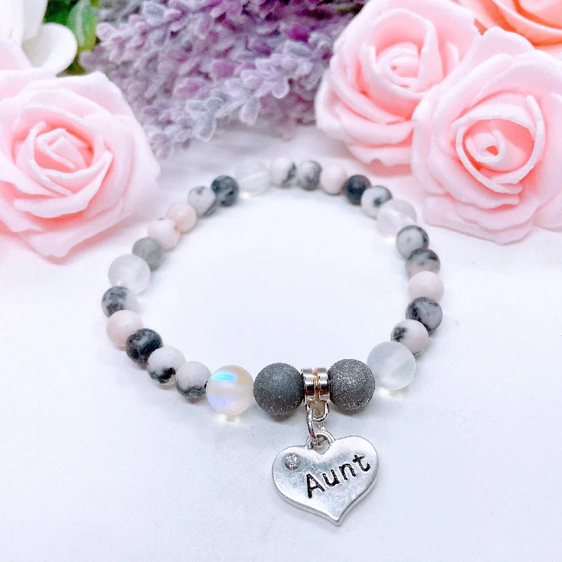 custom bracelet with engraved coordinates for family reunion gift-Aunt Heart Companion Charm Bracelet Druzy