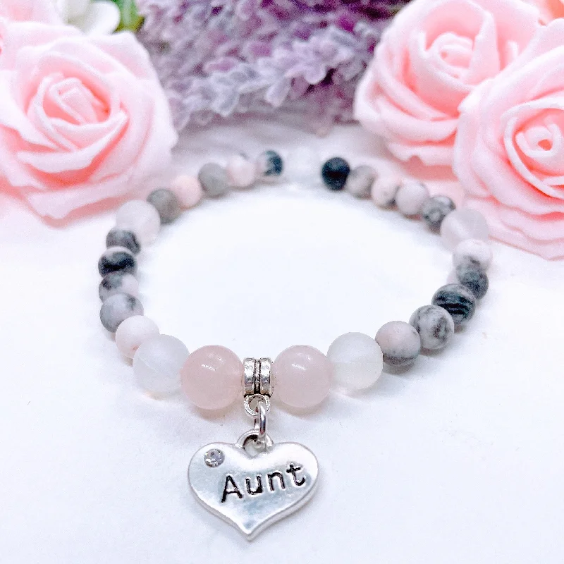 personalized bracelet with engraved initials for family keepsake-Aunt Heart Companion Charm Bracelet Rose Quartz