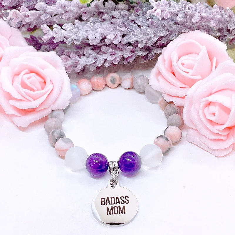 custom charm bracelet with engraved quote for motivation-Badass Mom Classic Charm Bracelet Amethyst