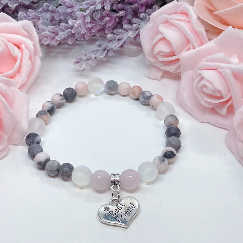 personalized silver bracelet with gemstone beads for family bond-Best Friend Heart Companion Charm Bracelet Rose Quartz