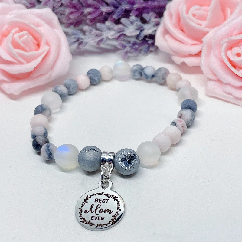 silver bracelet with charm for love, peace, and harmony-Best Mom Ever Companion Charm Bracelet Druzy