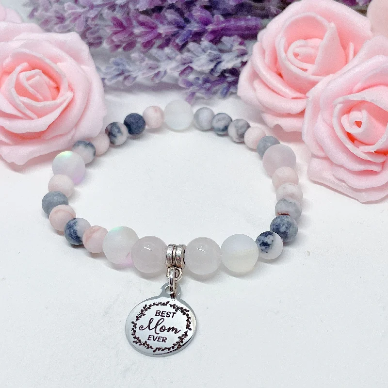 silver bracelet with gemstone beads for physical well-being-Best Mom Ever Companion Charm Bracelet Rose Quartz