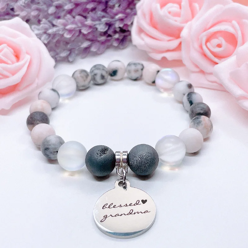 luxury silver bracelet with custom engraving for meaningful gift-Blessed Grandma Classic Charm Bracelet Druzy