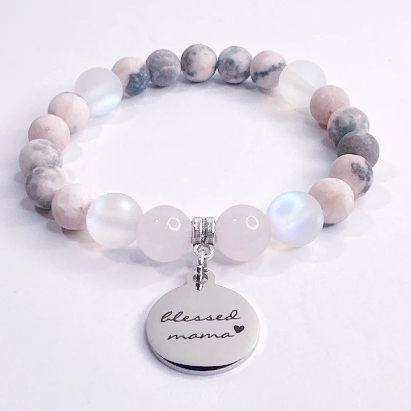 custom bracelet with gemstone for vitality and physical healing-Blessed Mama Classic Charm Bracelet Rose Quartz