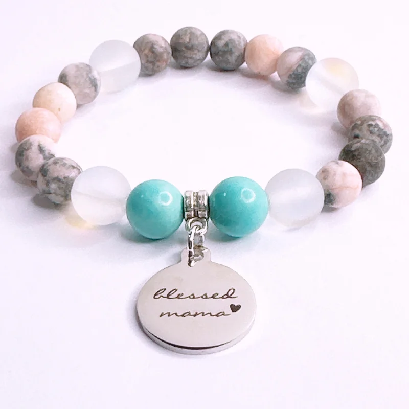 custom silver bracelet with engraving for wedding anniversary-Blessed Mama Classic Charm Bracelet Turquoise