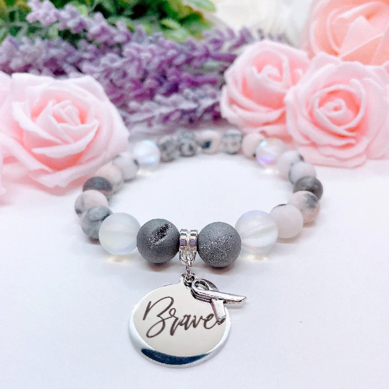 custom silver bracelet with engraving for gift with love-Brave with Cancer Classic Charm Bracelet Druzy