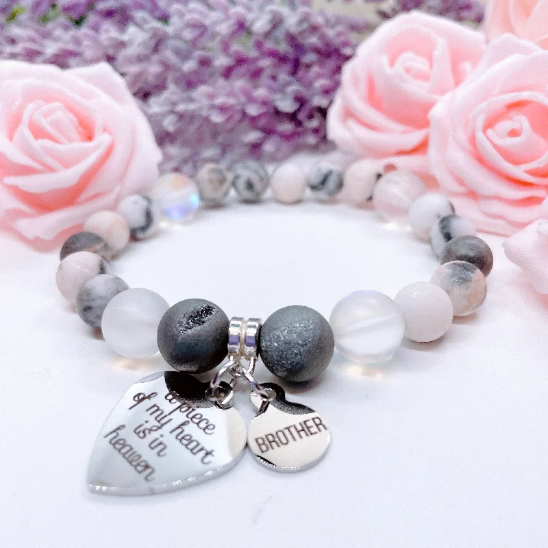 silver bracelet with gemstone for calming and soothing energy-Brother: A Piece of my Heart is in Heaven Heart Classic Charm Bracelet Druzy