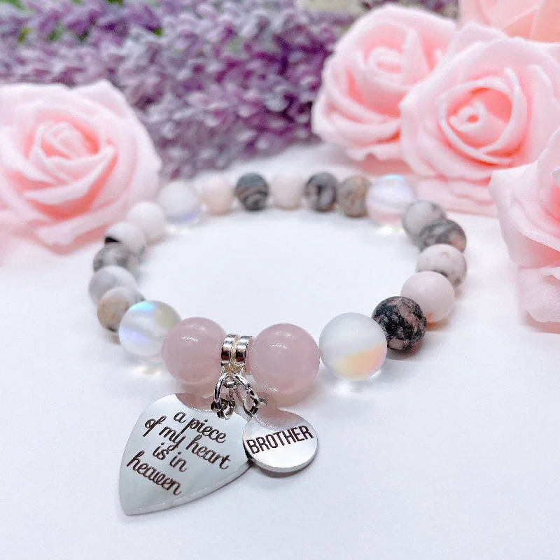 silver bracelet with heart-shaped gemstone for romantic gift-Brother: A Piece of my Heart is in Heaven Heart Classic Charm Bracelet Rose Quartz