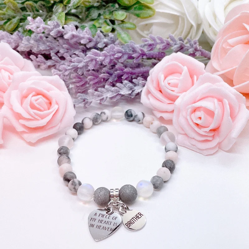 silver bracelet with engraved initials for sentimental gift-Brother: A Piece of my Heart is in Heaven Heart Companion Charm Bracelet Druzy