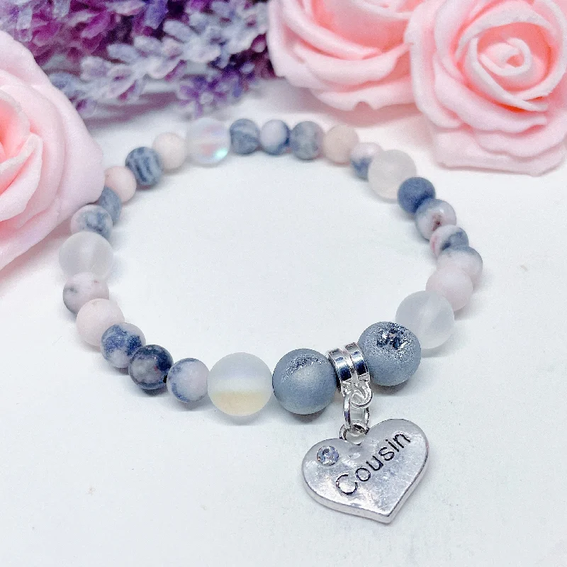 luxury silver bracelet with engraving for luxury gift-Cousin Heart Companion Charm Bracelet Druzy