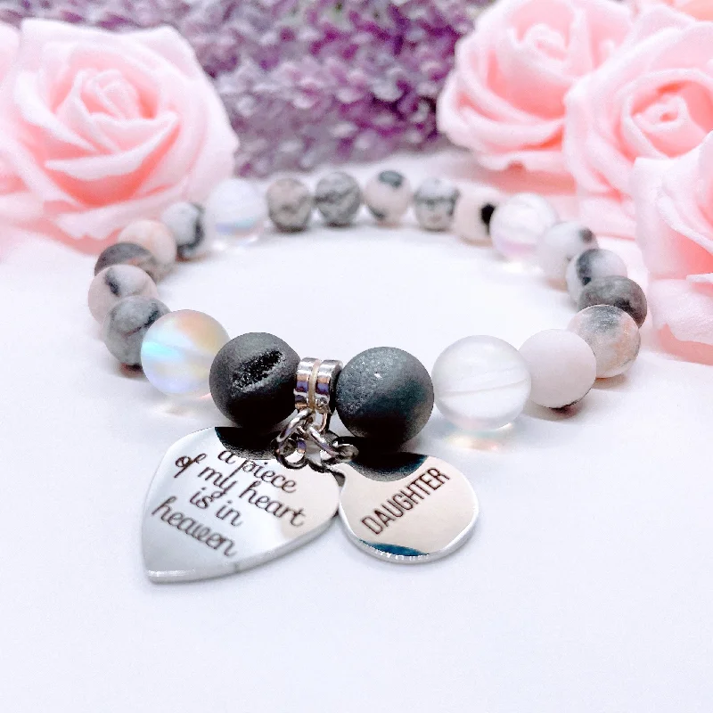 custom silver bracelet with birthstone for family celebration-Daughter: A Piece of my Heart is in Heaven Heart Classic Charm Bracelet Druzy