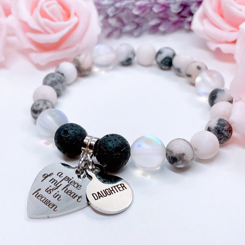 adjustable bracelet with gemstone for emotional balance-Daughter: A Piece of my Heart is in Heaven Heart Classic Charm Bracelet Lava