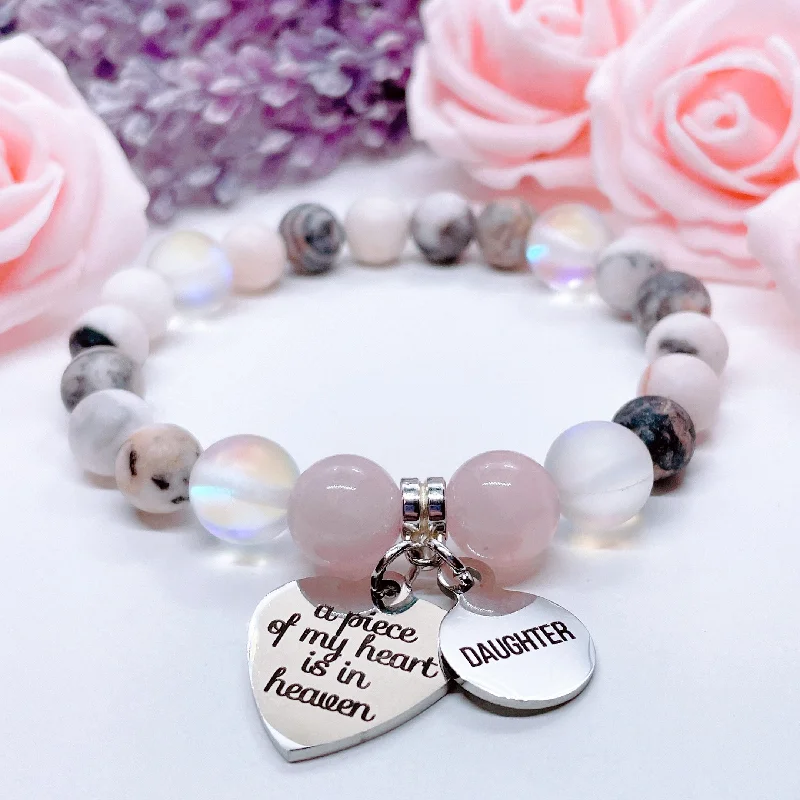 silver bracelet with engraved initials for meaningful anniversary-Daughter: A Piece of my Heart is in Heaven Heart Classic Charm Bracelet Rose Quartz