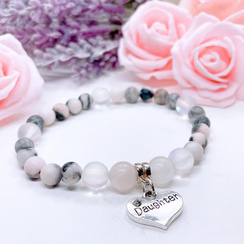 personalized bracelet with meaningful engraving for love-Daughter Heart Companion Charm Bracelet Rose Quartz