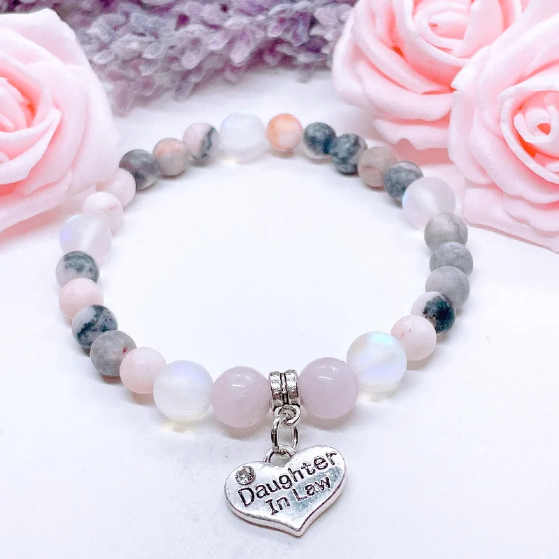 custom silver bracelet with coordinates for personal connection-Daughter In Law Heart Companion Charm Bracelet Rose Quartz