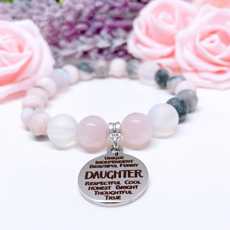 custom bracelet with gemstone for inner strength and peace-Daughter Sentiments Classic Charm Bracelet Rose Quartz