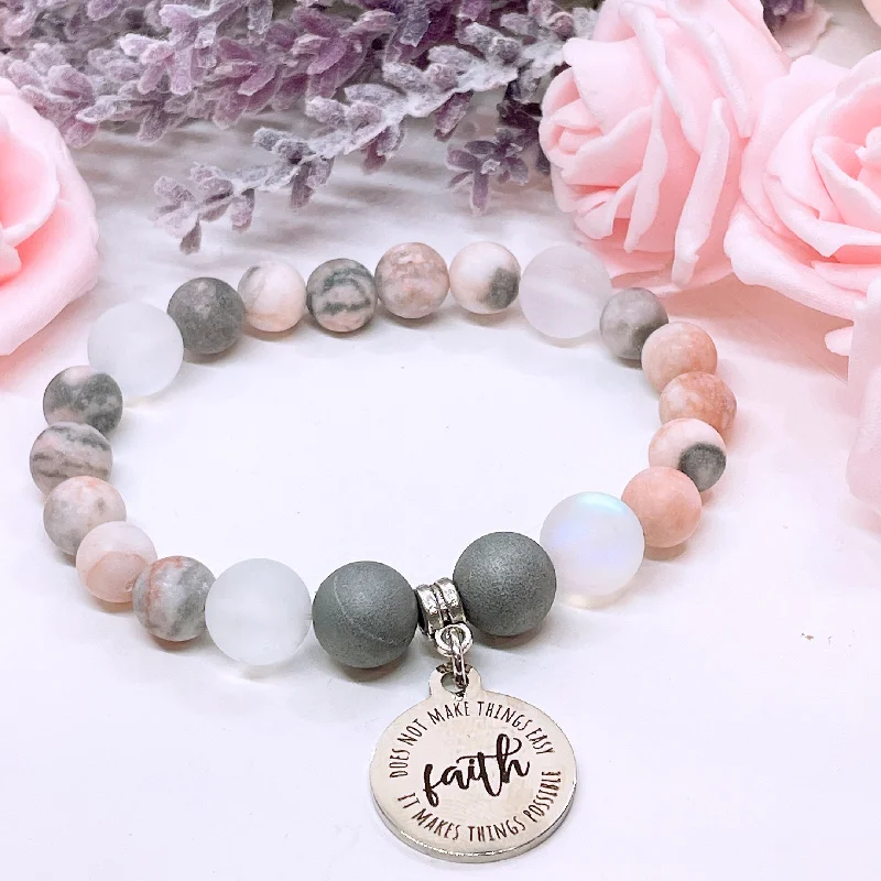 silver bracelet with charm for success and positivity-Faith Does Not Make Things Easy, It Makes Things Possible Classic Charm Bracelet Druzy