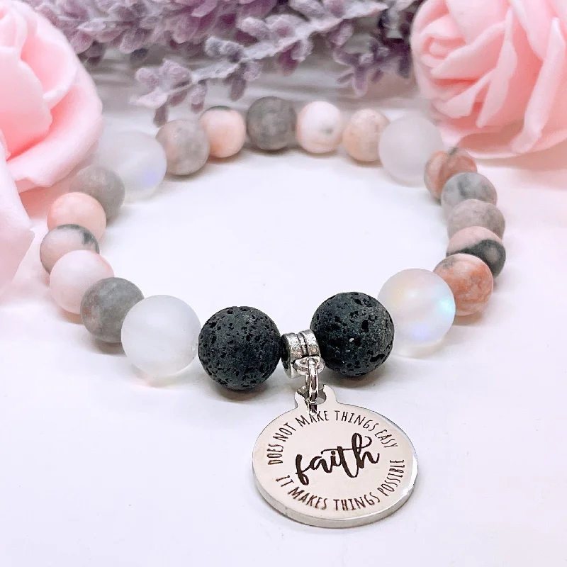 silver bracelet with charm for positive thinking and clarity-Faith Does Not Make Things Easy, It Makes Things Possible Classic Charm Bracelet Lava