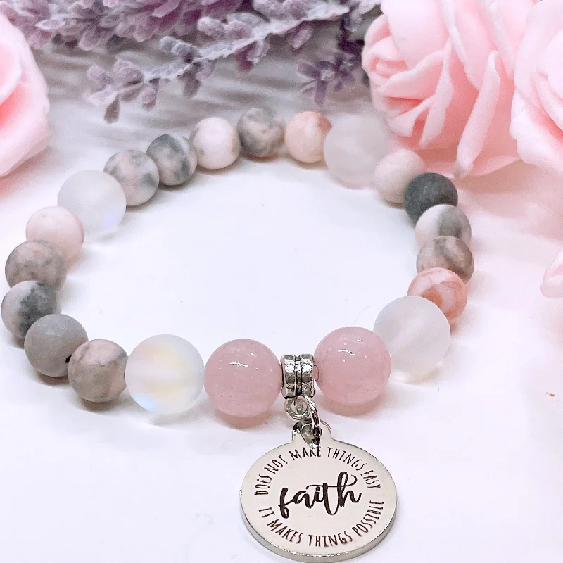 custom leather bracelet with initials for personalized gift-Faith Does Not Make Things Easy, It Makes Things Possible Classic Charm Bracelet Rose Quartz