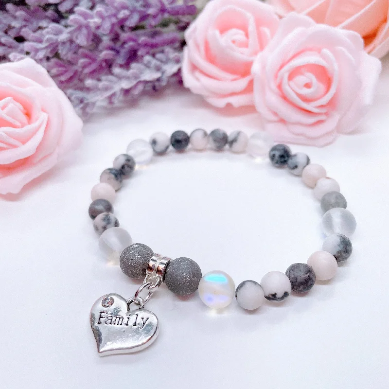 custom bracelet with gemstone for spiritual protection and peace-Family Heart Companion Charm Bracelet Druzy