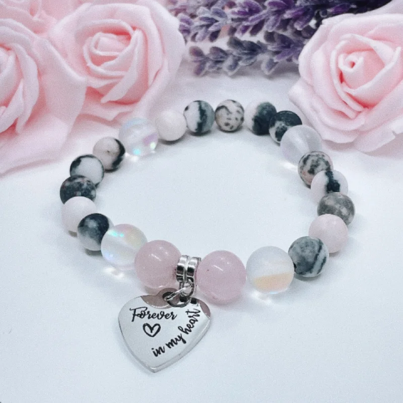 custom bracelet with engraved coordinates for travel memories-Forever In My Heart Classic Charm Bracelet Rose Quartz