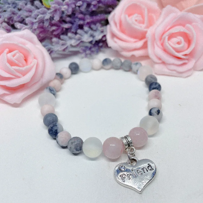 silver bracelet with gemstone beads for energy cleansing-Friend Heart Companion Charm Bracelet Rose Quartz