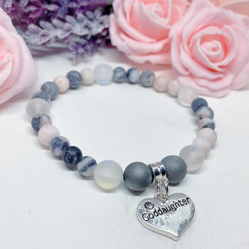 luxury silver bracelet with personalized engraving for wedding-Goddaughter Heart Companion Charm Bracelet Druzy