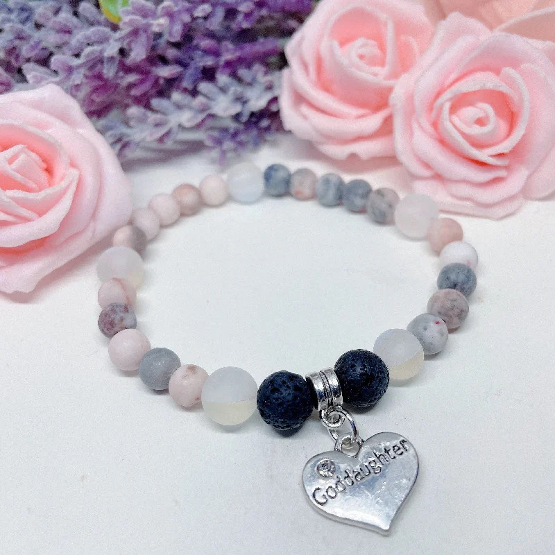 custom bracelet with gemstone for grounding and stability-Goddaughter Heart Companion Charm Bracelet Lava