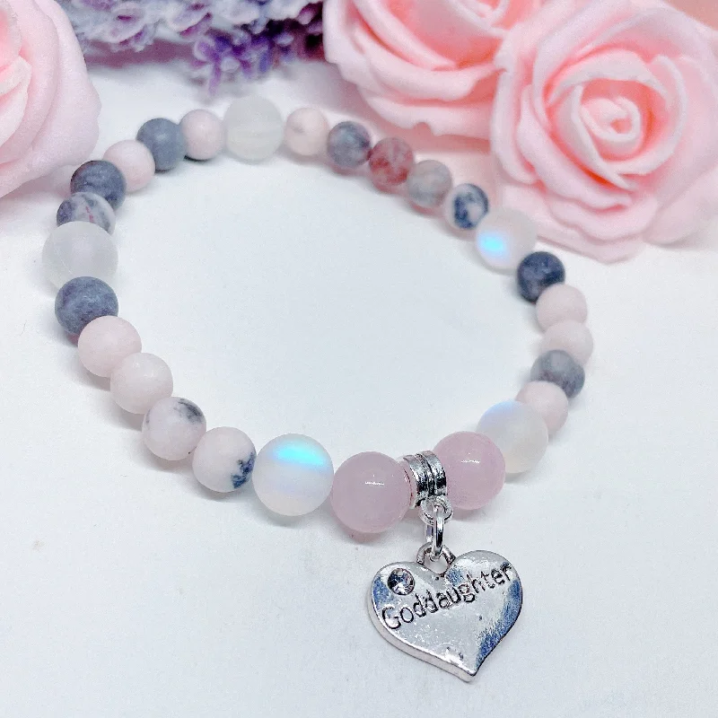 personalized charm bracelet with meaningful charms for mom-Goddaughter Heart Companion Charm Bracelet Rose Quartz