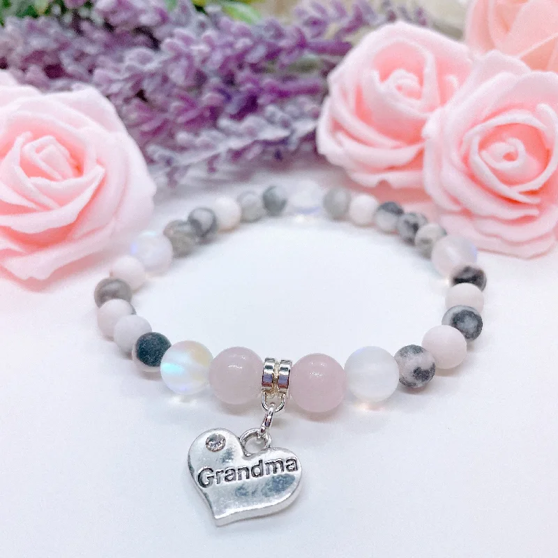 personalized bracelet with engraved message for family gift-Grandma Heart Companion Charm Bracelet Rose Quartz