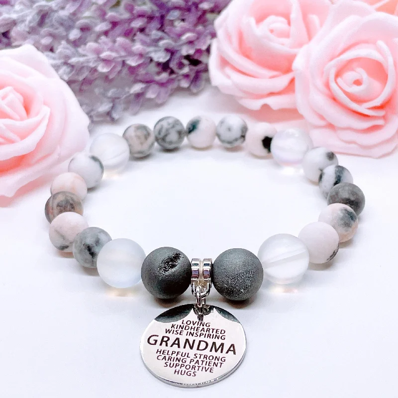 custom silver bracelet with gemstone for positive energy flow-Grandma Sentiments Classic Charm Bracelet Druzy