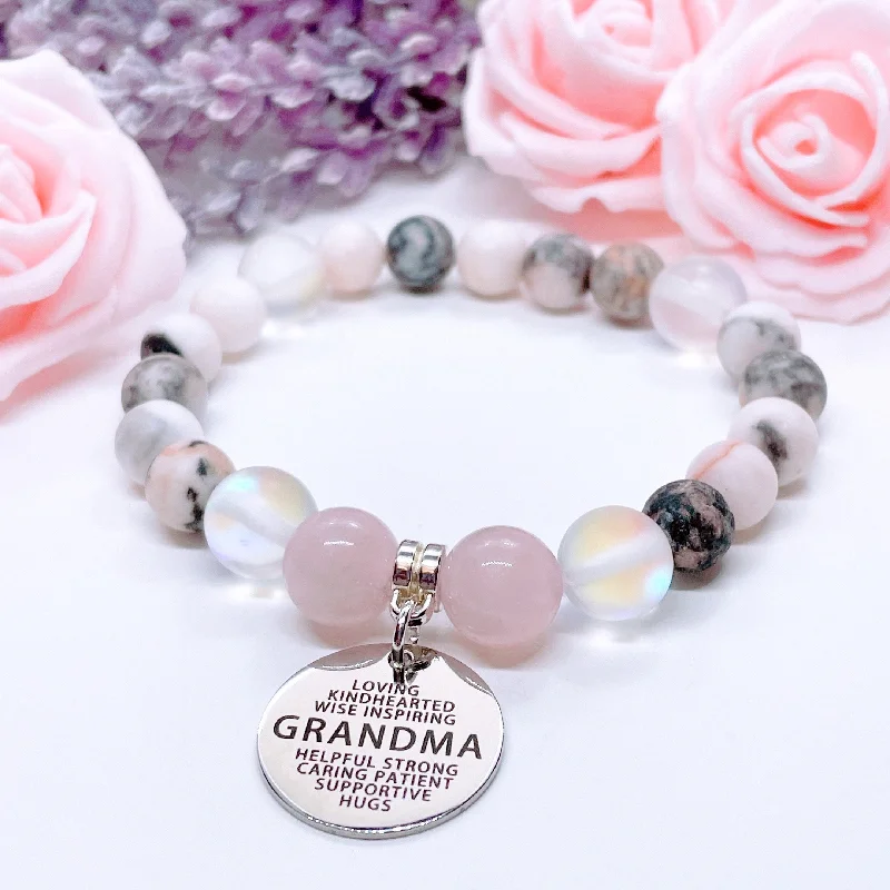 luxury silver bracelet with gemstone for special occasion-Grandma Sentiments Classic Charm Bracelet Rose Quartz