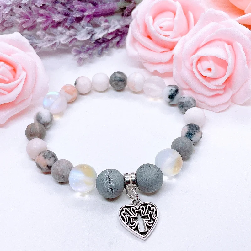 personalized bracelet with gemstone for energy healing-Heart Hollow Cross Classic Charm Bracelet Druzy