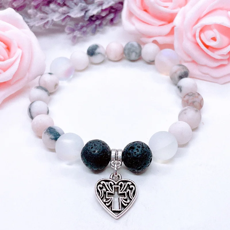 silver bracelet with birthstone charm for personalized touch-Heart Hollow Cross Classic Charm Bracelet Lava