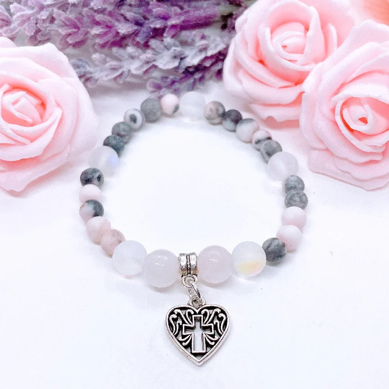 custom silver bracelet for him with engraved initials-Heart Hollow Cross Companion Charm Bracelet Rose Quartz