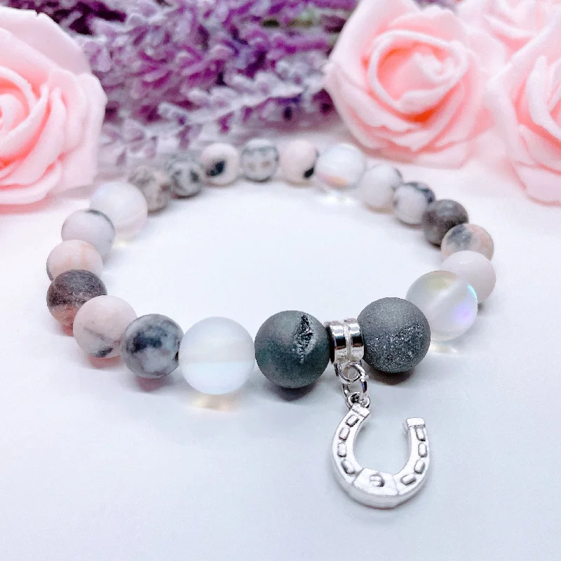 custom silver bracelet with coordinates for family memory-Horseshoe Classic Charm Bracelet Druzy