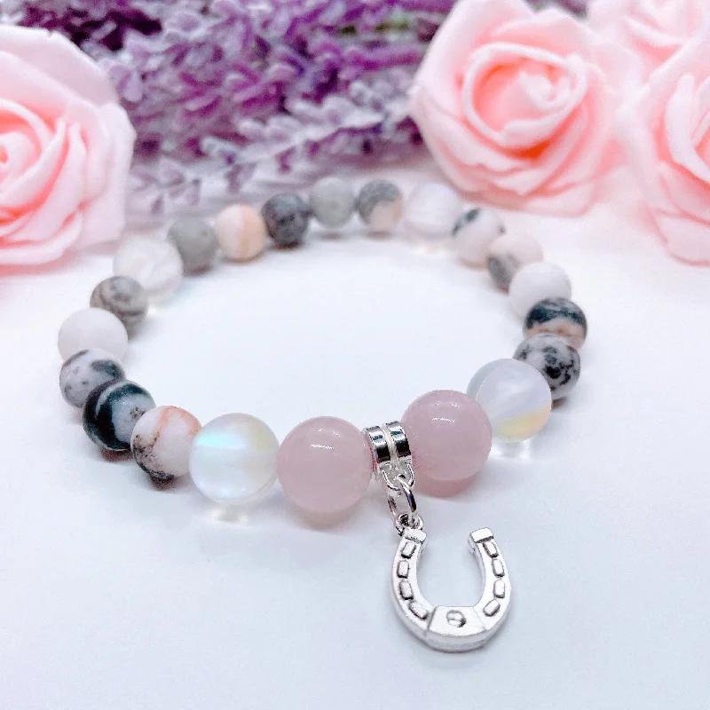 custom bracelet with gemstone beads for peace and healing-Horseshoe Classic Charm Bracelet Rose Quartz