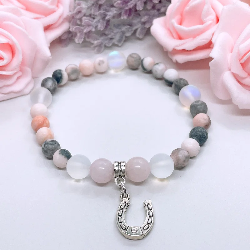 personalized silver bracelet for friends with engraved initials-Horseshoe Companion Charm Bracelet Rose Quartz