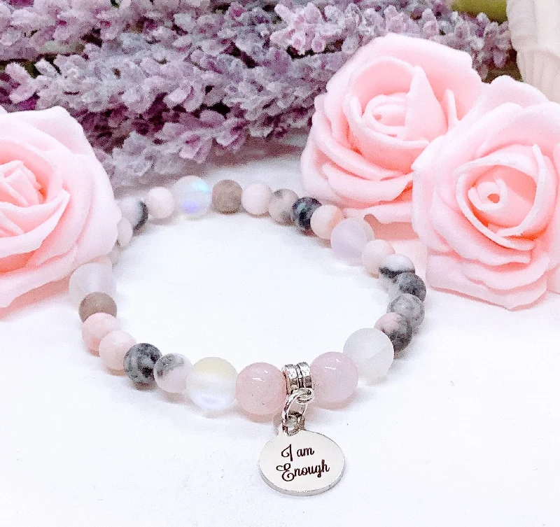 silver bracelet with charm for success and positivity-I am Enough Companion Charm Bracelet Rose Quartz