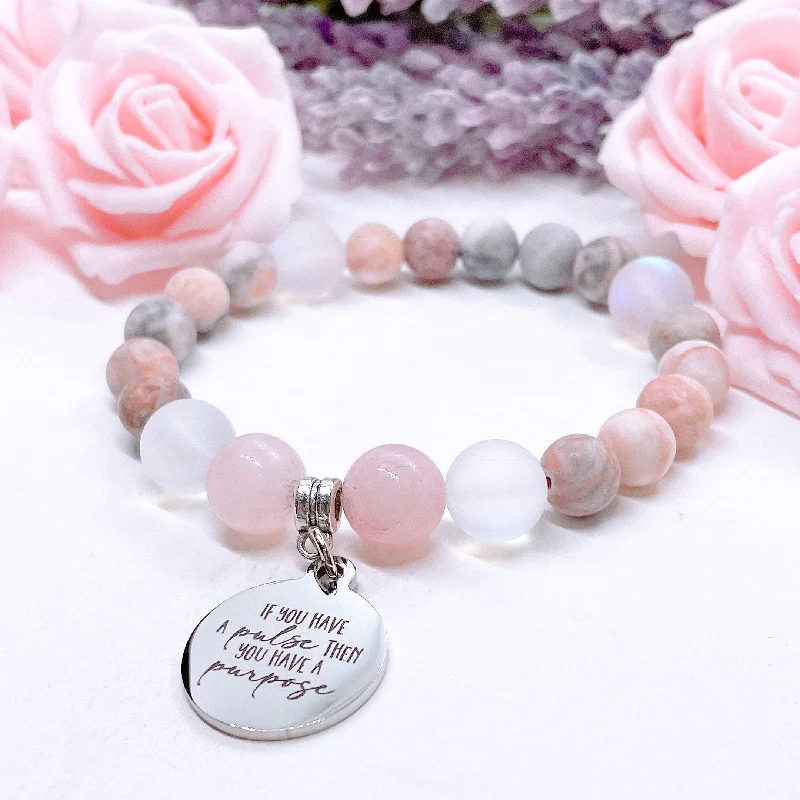 personalized bracelet with engraved initials for family-If You Have a Pulse You Have a Purpose Classic Charm Bracelet Rose Quartz