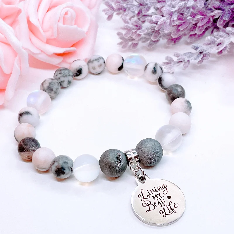 personalized silver bracelet for milestone event with engraved date-Living my Best Life Charm Bracelet Druzy