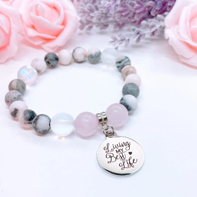 custom silver bracelet for special event with personalized engraving-Living my Best Life Charm Bracelet Rose Quartz